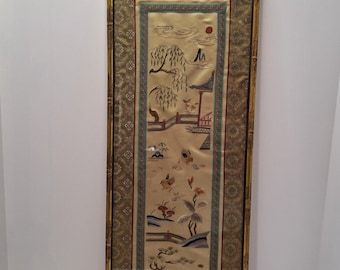 ベトナム 刺繍画 水牛 田園風景 額装 アジアンアート ベトナム 刺繍画