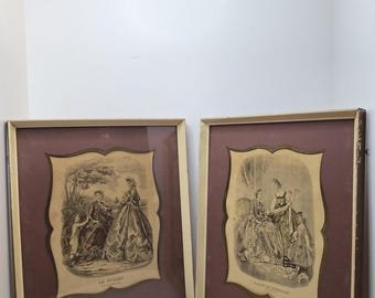 Par de platos de moda francesa de la década de 1860 Le Follet & Magasin des Demoiselles enmarcados