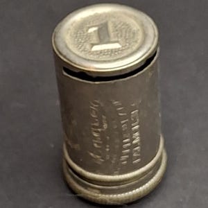 Antique 1891 Magic Introduction Co. "Surplus Bank" Pocket Dime Bank Pat. Mch. 31, 91 New York Rare Cylindrical Still Bank 1.75"