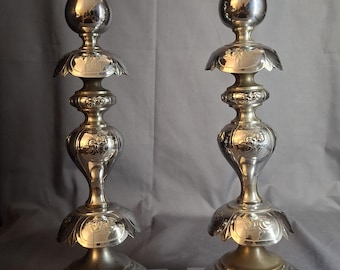 Antique Norblin Warszawa Silverplate Shabbat Candlesticks 12" Rose Judaica Pair 1890