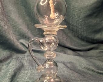 Antique Hand Blown Glass Sparking Lamp - Whale Oil / Fluid - Cork Drop-in Burner - Rough Pontil - 19th Century Early American Lighting