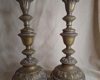 Antique Monumental Warsaw Brass Shabbat Candlesticks, 14" Polish Sabbath 19th Century Pair