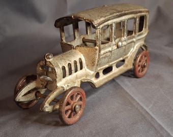 Antique 1920s Cast Iron Sedan Toy Car – Original Silver Paint – 6.5" Hubley / Kenton Era