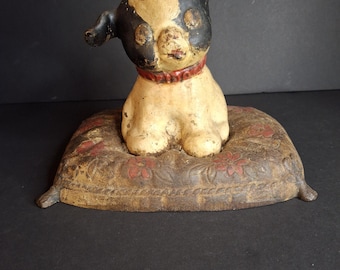 Antique Hubley Cast Iron Fido on Pillow Still Penny Bank, Original Paint c. 1920s - Tom Kellogg Collection