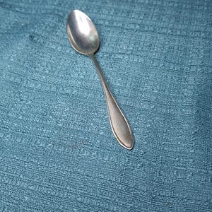 May include: A silver spoon with a rounded bowl and a slender handle. The spoon is made of a shiny metal and is resting on a textured teal surface.