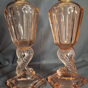 Pair Antique Pink Glass Dolphin Koi Fish Kerosene Fluid Lamps Hexagon Base