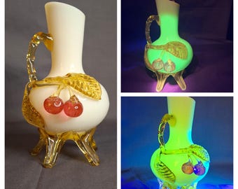 Antique Stevens & Williams Custard Uranium Glass Vase Applied Cherries Victorian c. 1880s