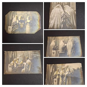 May include: A collection of vintage postcards featuring sepia-toned photographs of individuals wearing tallit prayer shawls with striped patterns. The cards include Hebrew text and the English phrase A Happy New Year, with some showing a menorah.