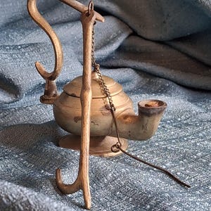 Antique Brass Betty Lamp with Hanging S-Hook Stand & Wick Pick - Primitive Oil Grease Lamp - 18th/19th Century Style