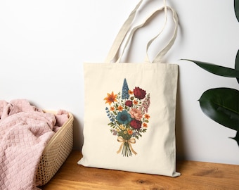 Bolso con ramo de flores silvestres / Ilustración floral vintage, lienzo natural