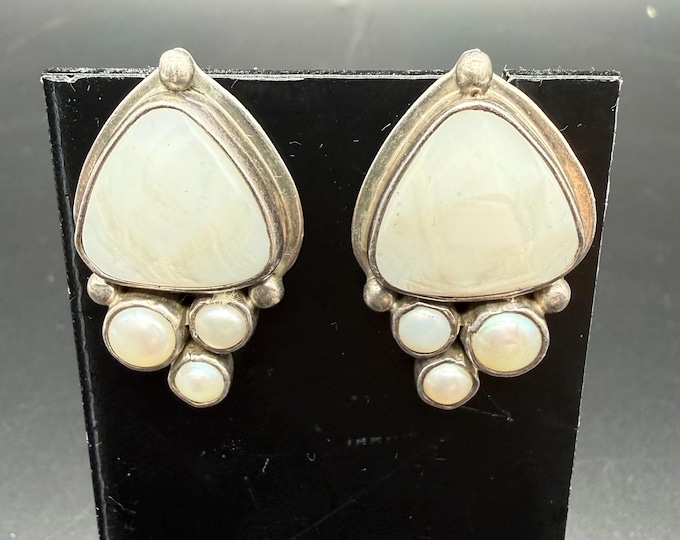 Echo of the Dreamer Sterling Silver Mother of Pearl Statement Earrings – Vintage Designer Opalescent Dangles