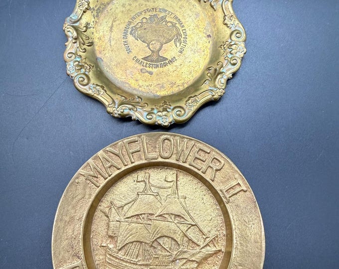 Vintage Brass Souvenir Dishes Lot Mayflower II Plymouth MA & 1901 Charleston Exposition Collectibles