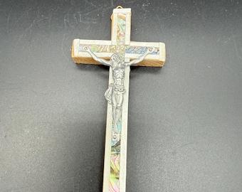 Vintage Bethlehem Crucifix Wall Cross | Abalone Shell Inlay | Wood & Metal Jesus | Christian Religious Decor
