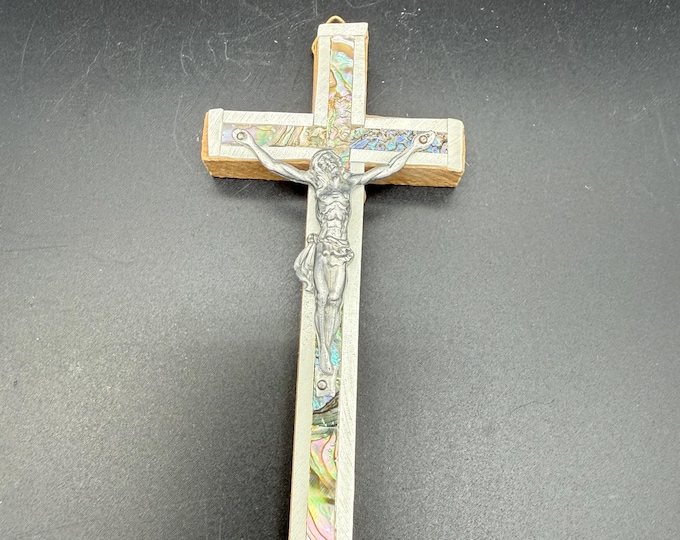 Vintage Bethlehem Crucifix Wall Cross | Abalone Shell Inlay | Wood & Metal Jesus | Christian Religious Decor