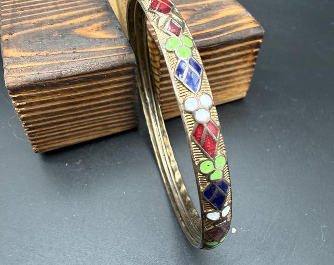 Vintage Cloisonné Enamel Bangle Bracelet | Colorful Floral Hinged Bracelet | Boho Statement Jewelry