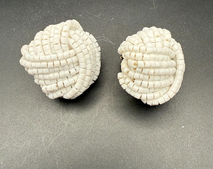 Vintage White Seed Bead Clip On Earrings Mid Century Beaded Knot