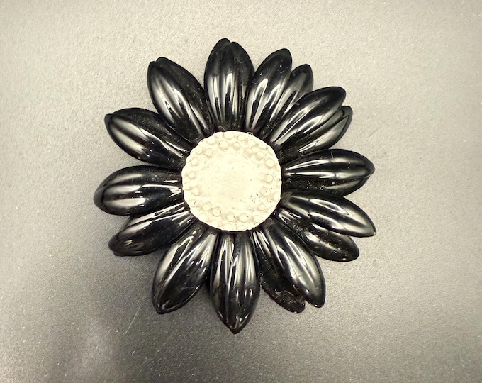 Vintage Black Flower Brooch • 1960s Mod Daisy • Large Retro Floral Pin