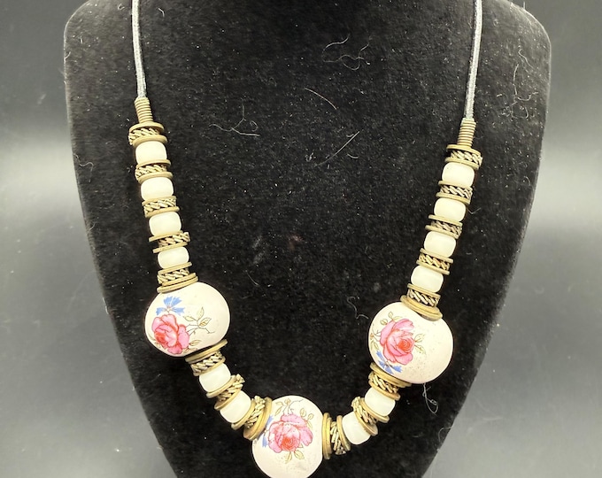 Vintage Floral Bead Necklace | Hand-Painted Rose Beads | Brass Spacers | Suede Cord