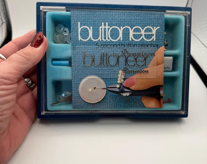 Vintage Buttoneer Button Attacher • Dennison Buttoneer Tool • Sewing Notions Kit • Original Case