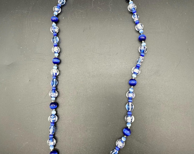 Blue Glass Beaded Necklace | Venetian Style Art Glass | Foil Glass Beads Necklace
