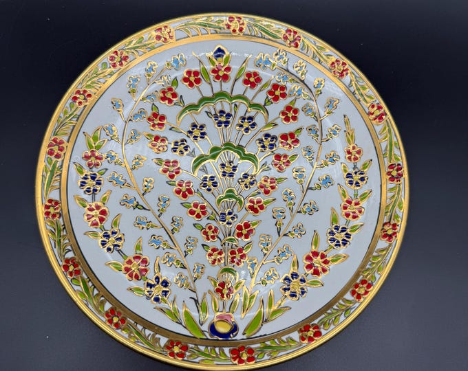 Hand-Painted Greek Floral Plate | Gold Gilt Decorative Wall Plate | Vintage Greek Pottery