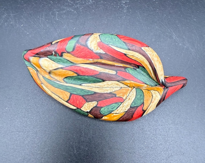 Vintage Handcrafted Leaf Brooch – Colorful Mosaic Wood Pin – Mid Century Modern Style Statement Jewelry