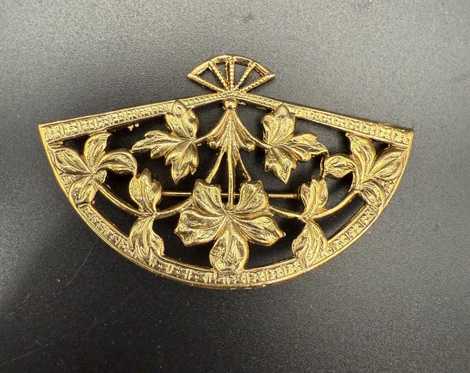 Vintage Gold Fan Brooch • Floral Filigree Pin • Art Nouveau Revival Jewelry