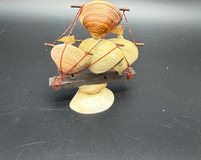 Vintage Miniature Seashell Sailboat Folk Art Shell Ship Nautical Souvenir Handmade Coastal Decor