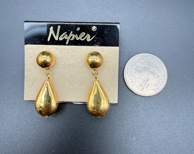 Vintage Napier Gold Tone Teardrop Earrings | Elegant Drop Dangle | Classic Statement | 1980s–1990s