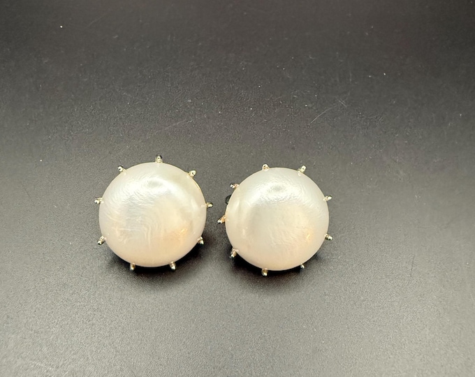 Vintage Trifari Clip-On Earrings • Faux Pearl Domes • Silver Tone • Mid-Century Costume Jewelry