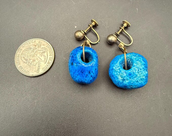 Vintage Blue Ceramic Drop Clip-On Earrings – Boho Artisan Style