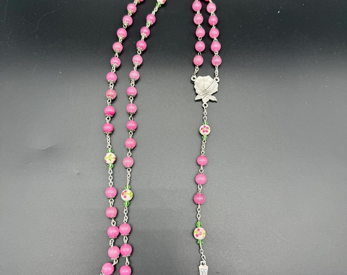 Vintage Pink Beaded Rosary with Enamel Crucifix & Floral Glass Beads