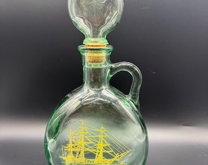 Vintage Old Ironsides Glass Decanter Green Glass Ship Bottle USS Constitution Nautical Barware