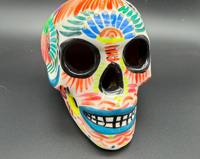 Mexican Folk Art Sugar Skull Calavera Hand Painted Ceramic Day of the Dead Floral Bird Decor
