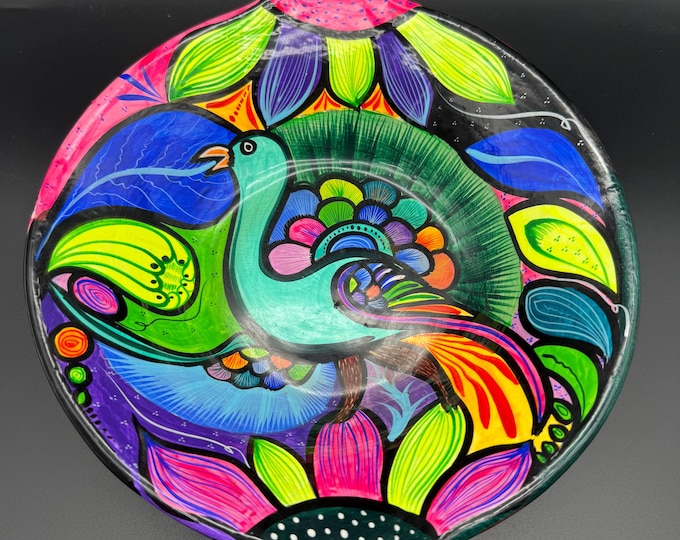 Mexican Folk Art Peacock Platter Hand Painted Pottery Wall Hanging Colorful Bird Decor 2013
