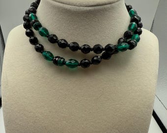 Vintage Black & Green Faceted Bead Necklace | Double Strand Mid-Century Glass Necklace