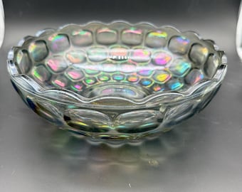 Vintage Iridescent Thumbprint Glass Bowl – Rainbow Carnival Style Serving Bowl