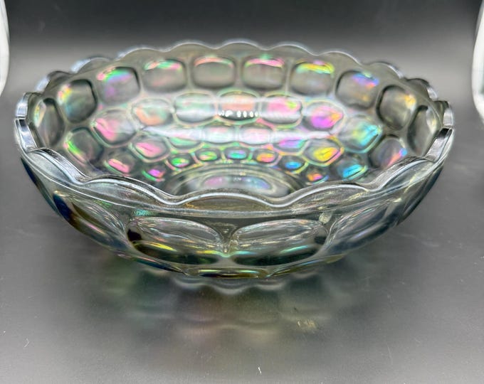 Vintage Iridescent Thumbprint Glass Bowl – Rainbow Carnival Style Serving Bowl