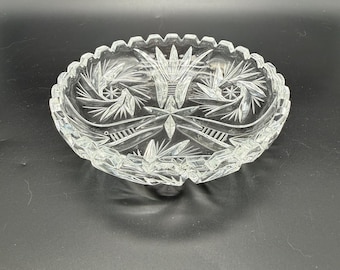 Vintage Pressed Glass Bowl | Scalloped Edge Clear Glass Dish | Starburst Pattern | Mid Century Serving Bowl