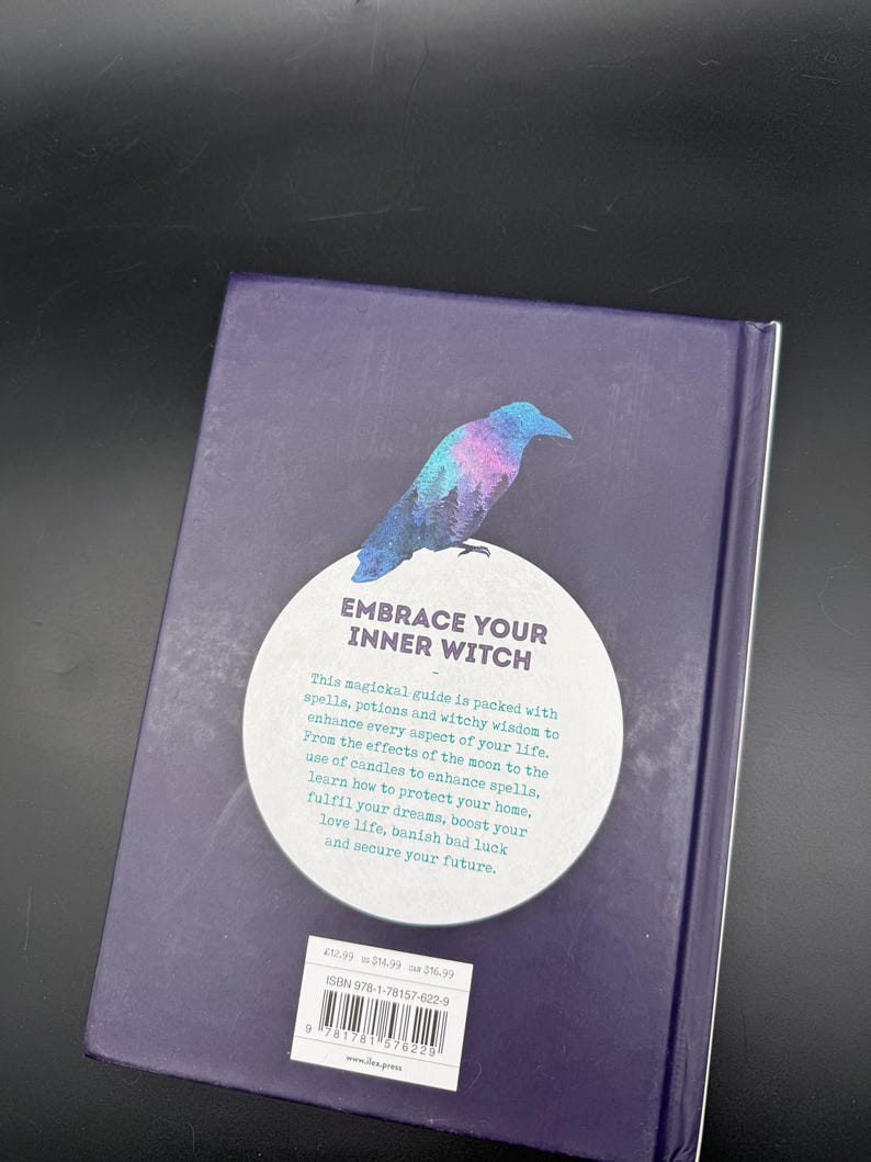 May include: A book with a dark purple cover, featuring a colourful bird illustration and the text "EMBRACE YOUR INNER WITCH." The book promises guidance on spells, potions, and witchy wisdom to enhance life.