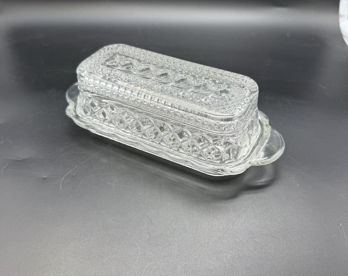 Vintage Clear Pressed Glass Butter Dish – Diamond Geometric Pattern, Retro Kitchenware