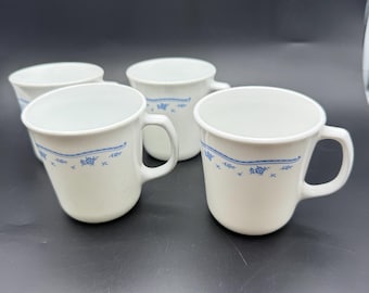 Set of 4 Vintage Corning Ware Minuet Mugs – Blue Floral Band – Milk Glass Coffee Cups – Made in USA – Farmhouse Kitchen