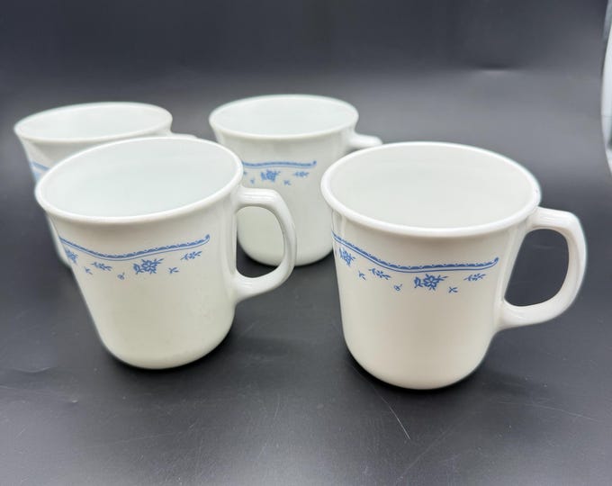 Set of 4 Vintage Corning Ware Minuet Mugs – Blue Floral Band – Milk Glass Coffee Cups – Made in USA – Farmhouse Kitchen