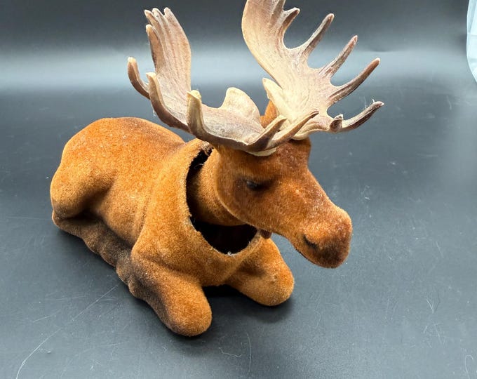 Vintage Flocked Moose Bobblehead Figurine | Bobble Head Moose with Antlers | Cabin Lodge Decor | Rustic Wildlife Collectible