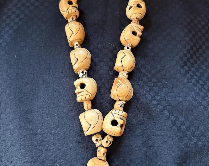 Carved Skull Necklace | Gothic Bone-Style Beads | Statement Skull Jewelry | Dark Boho / Punk Decor
