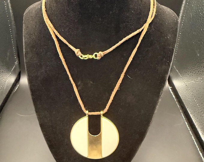 Vintage Modernist Brass Pendant Necklace | Suede Cord | Minimalist Statement