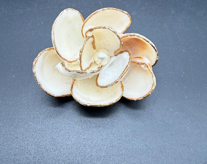 Vintage Seashell Flower Brooch | Real Shell Pin with Faux Pearl