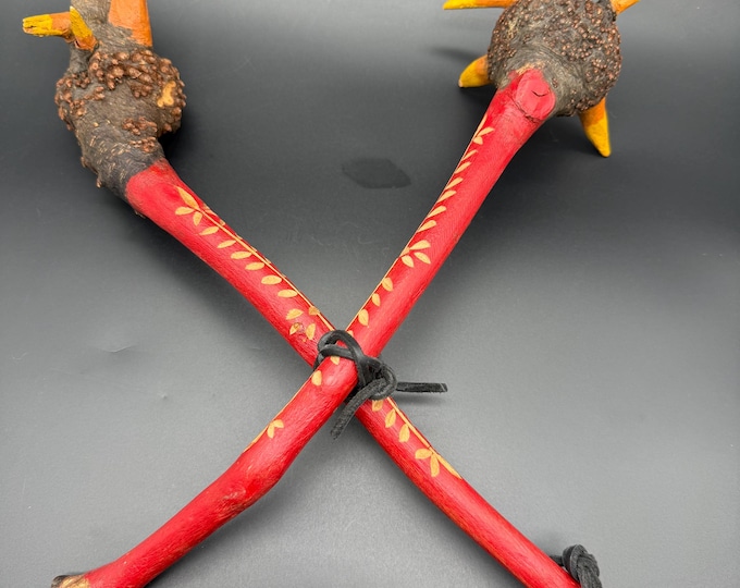 Penobscot Style Carved Wooden Clubs | Native American Folk Art | Hand-Carved Painted Wood | Pair