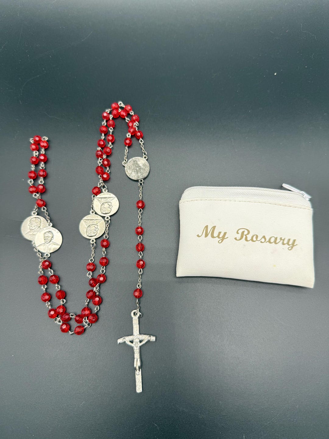 Vintage Red Rosary With Pope John Paul II Medals & Crucifix + Case - Etsy
