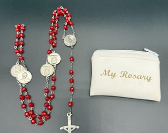 Vintage Red Rosary with Pope John Paul II Medals & Crucifix + Case